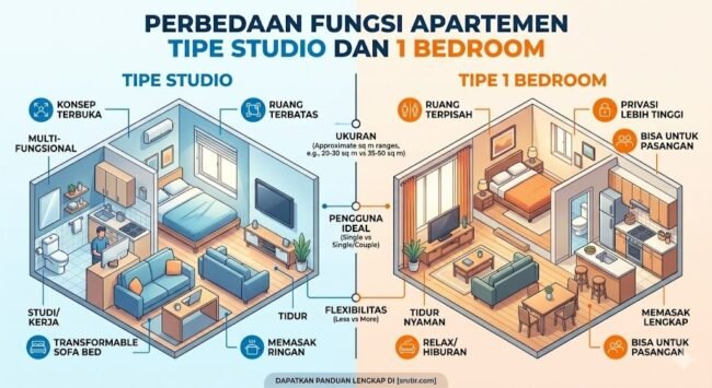Perbedaan Fungsi Apartemen Tipe Studio dan 1 Bedroom